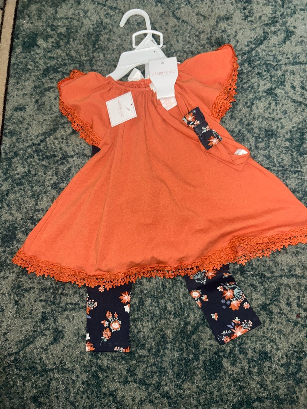 Shabby Chic Orange Lace-Trim Dress with Navy Floral Leggings